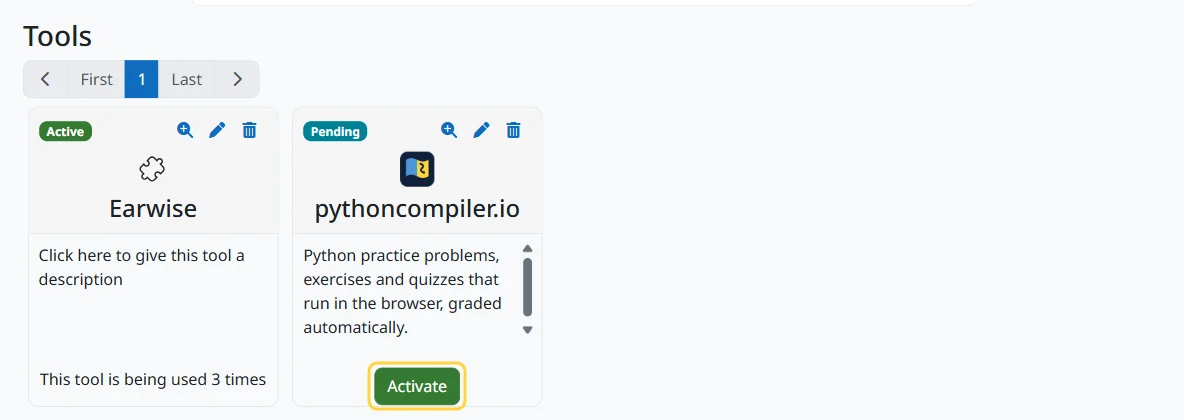 The Tools list with pythoncompiler.io marked Pending and its Activate button