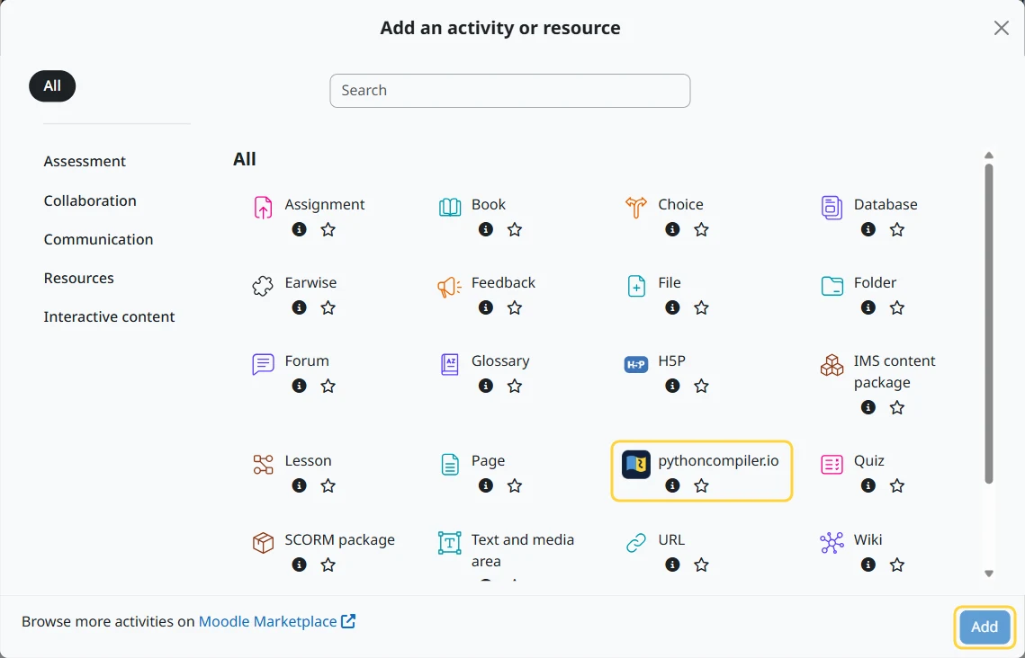 The Add an activity or resource window with pythoncompiler.io in it