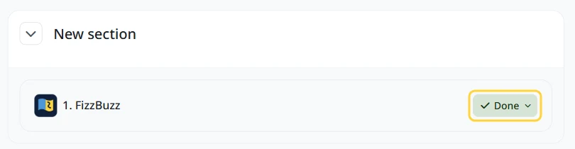 The Moodle course page with FizzBuzz marked Done