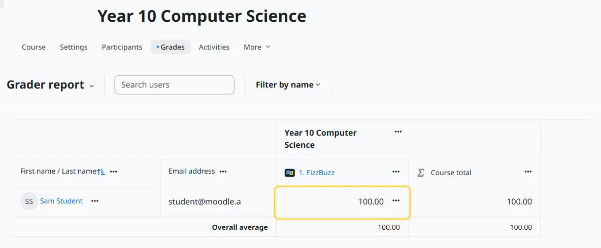 The Moodle grader report showing 100 for FizzBuzz