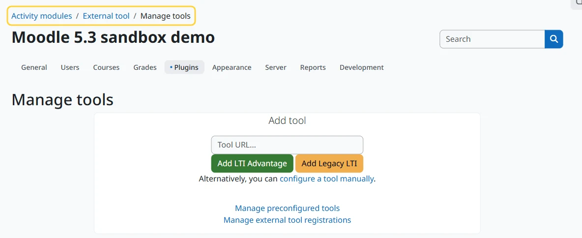 Moodle Site administration: the Manage tools page for External tools