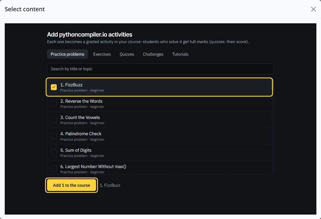 The pythoncompiler.io picker inside Moodle with FizzBuzz ticked