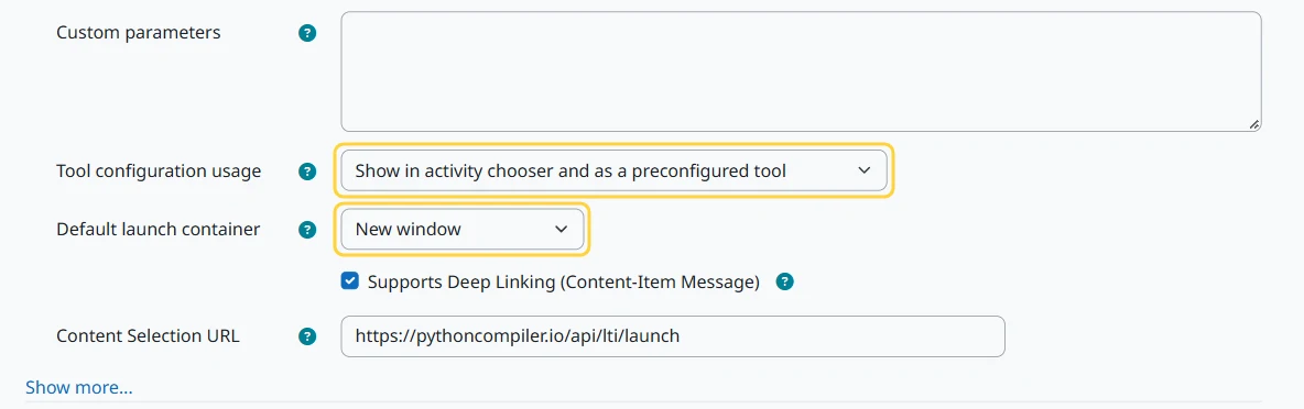 Tool settings: Tool configuration usage set to show in the activity chooser, and Default launch container set to New window