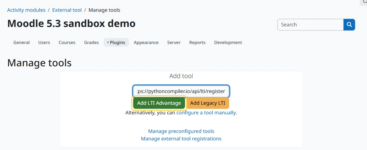 The Tool URL field with the pythoncompiler.io registration address and the Add LTI Advantage button